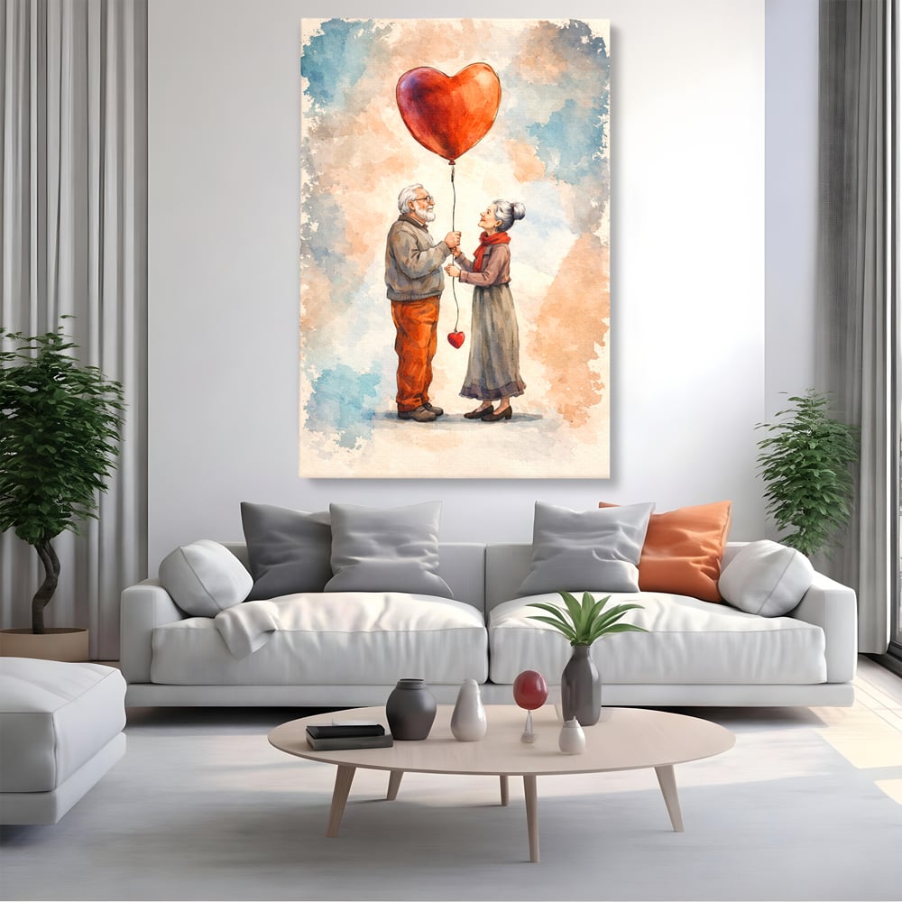 Tablou canvas cu tablou canvas cuplu in varsta si inima, fara rama, pe sasiu de lemn, pe perete intr-un living